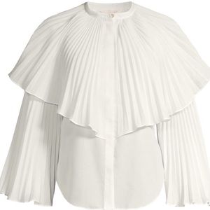 Statement blouse with wide pleated sleeves and a defining pleated overlay.